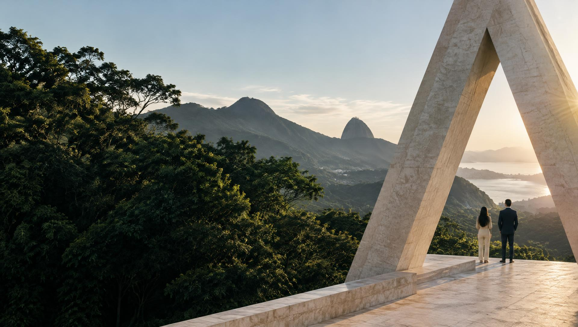 Portal triangular da Antévia diante da mata e das montanhas